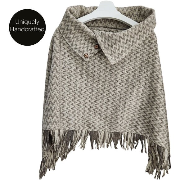 Handmade Beige/Grey Zig-Zag Woven Wool Poncho / Cape (one size) - Picture 1 of 11